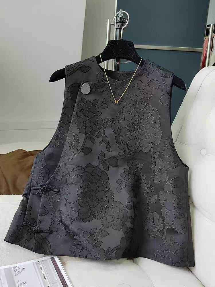 

Весенний ретро черный жаккардовый китайский жилет с застежкой-лягушкой для женщин 3XL чёрный