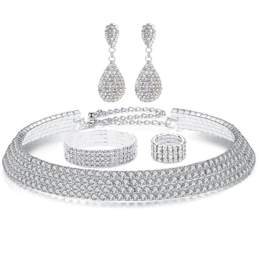 Bride's wedding dress - silver four-row necklace, earrings, elastic wristbands, elastic rings - a set of 4 items