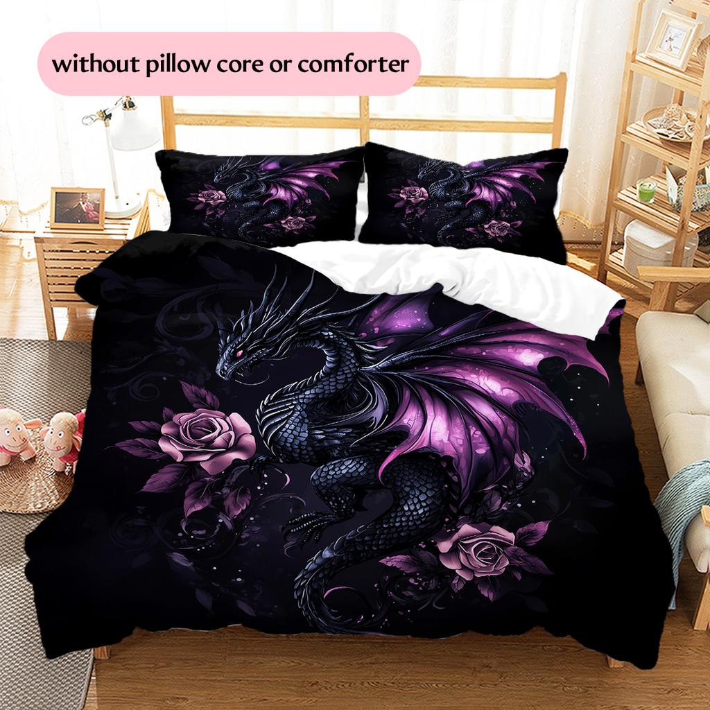 Fialový drak Vzor Povlečení Přikrývka Sada Povlak na přikrývku Povlak na polštář Domácí dekorace Dárek (1 * povlak na peřinu + 2 * povlak na polštář, bez jádra)