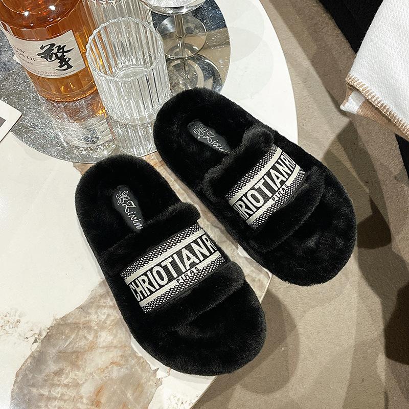 Thick-soled fluffy slippers women's autumn and winter 2025 new fashion Internet celebrities one-word cotton drag fluffy heightening fluffy shoes