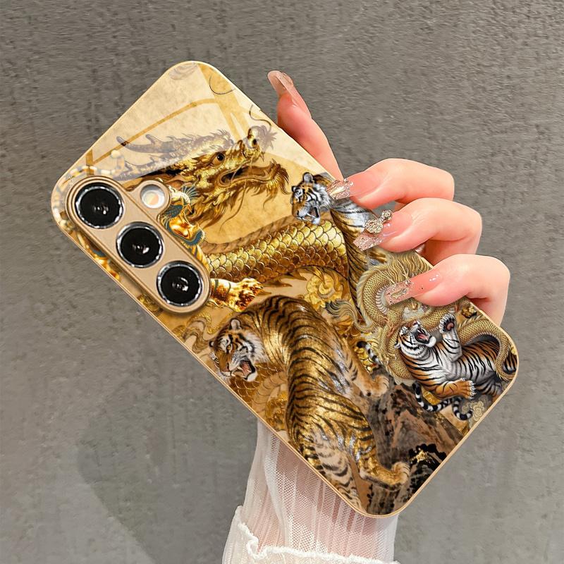 Gold Patterned Dragon And Tiger Blessing 2D Phone Case for Samsung S26 S25 S24 S23 S22 S21 S20 A56 A36 A16Glass Protective Cover