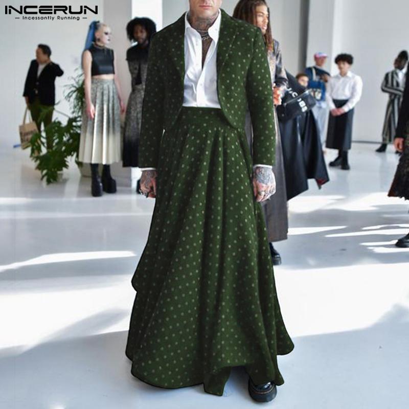 INCERUN Men Long Sleeve Polka Dots Cropped Blazer and Long Skirts Sets Outfits