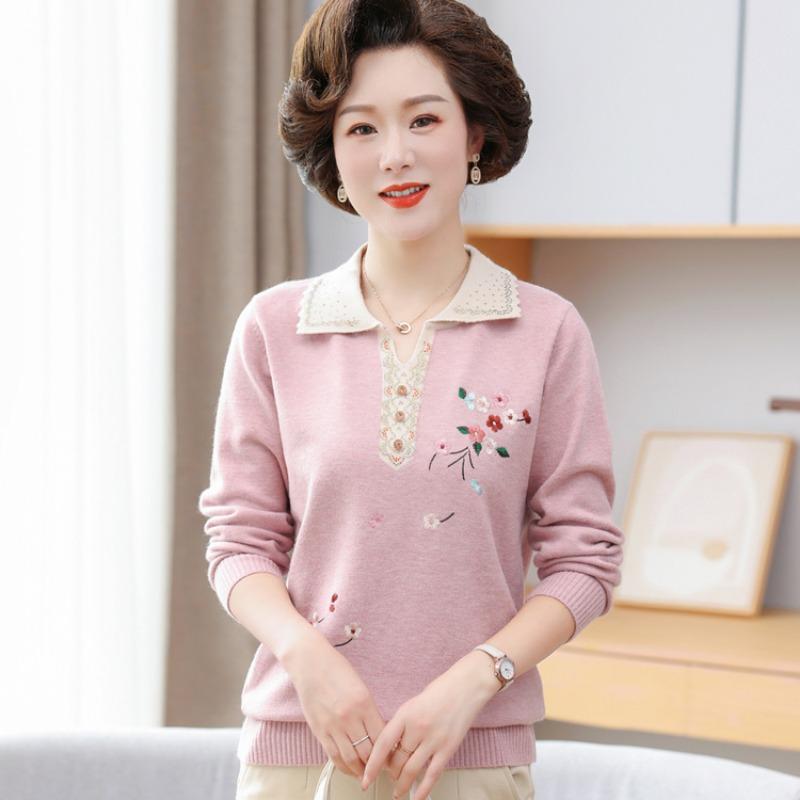 Light mother spring new lapel embroidered shirt middle-aged and elderly bottoming shirt top spring knitted sweater thin