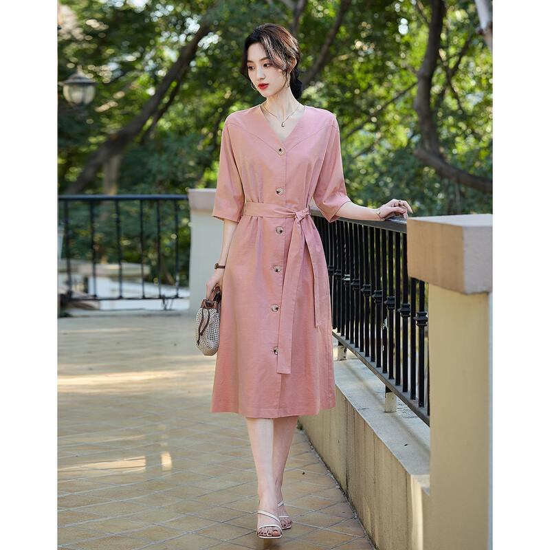 DeMana French Style Linen Blend Tie-Waist Midi Dress