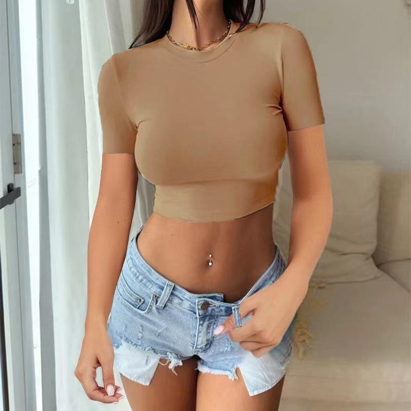 Spice Girl Solid Color Crew Neck Long Sleeve Button Top Slim Short Sexy T-Shirt Women