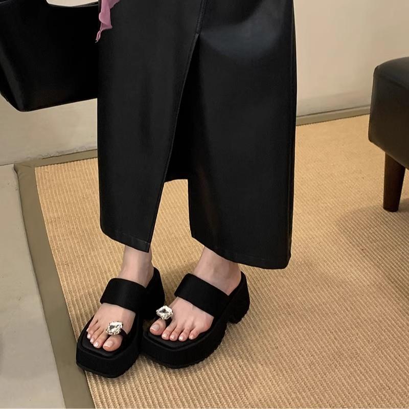 

New summer one-word toe sandals thick-soled heightening sandals simple and versatile casual wedge heel muffin shoes 40 чёрный