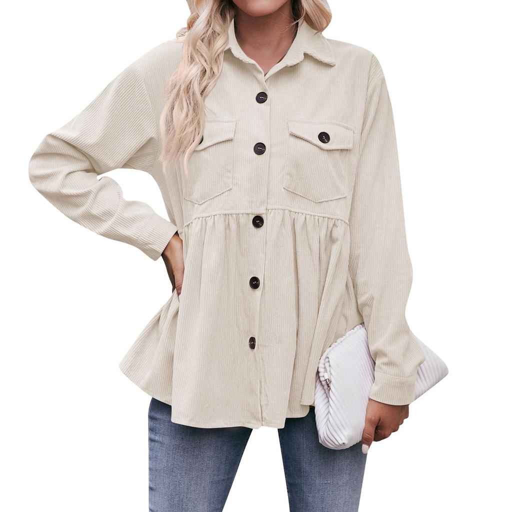 Women's Casual Long Sleeve Stand Collar Corduroy Solid Color Top Shirt