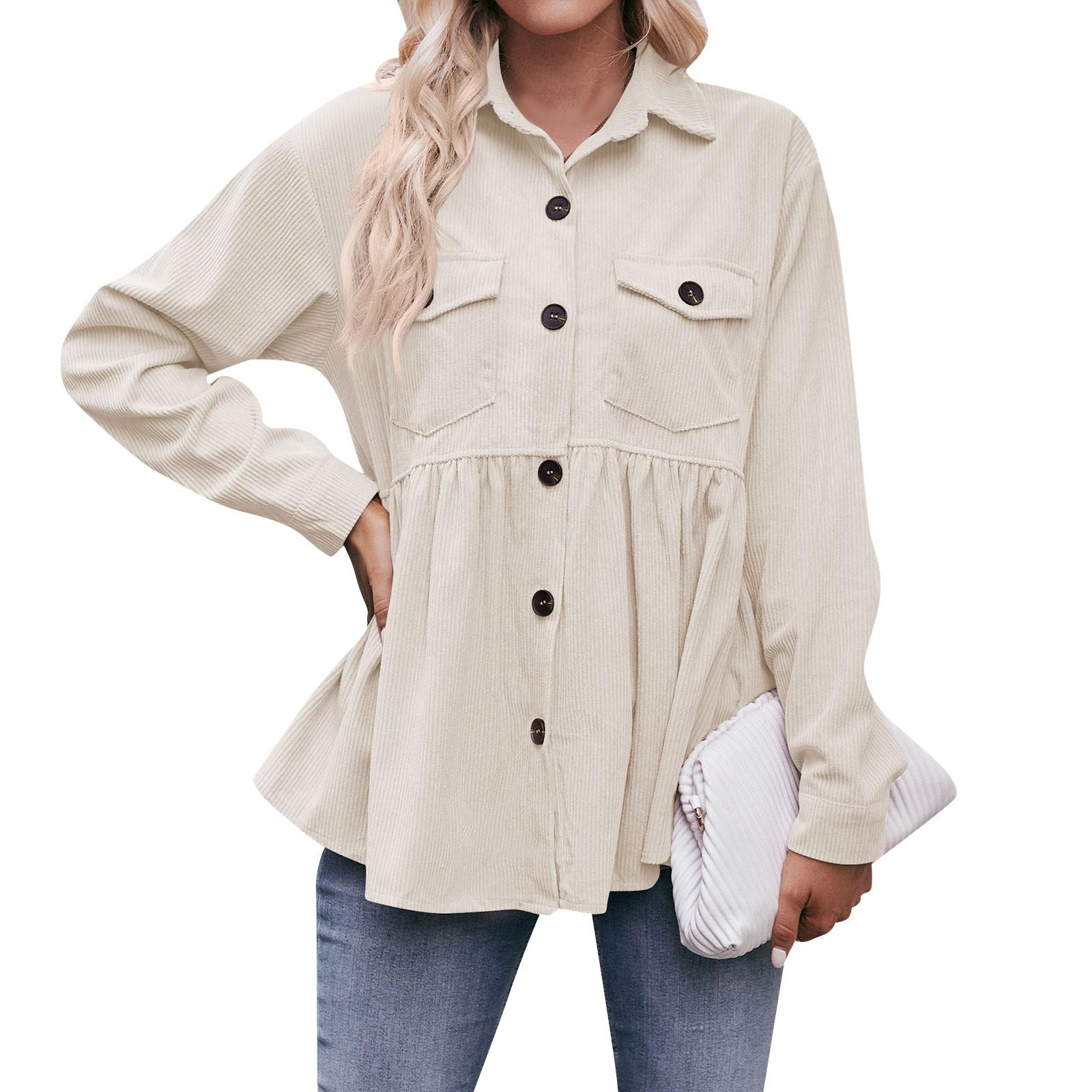 

Women s Casual Long Sleeve Stand Collar Corduroy Solid Color Top Shirt L