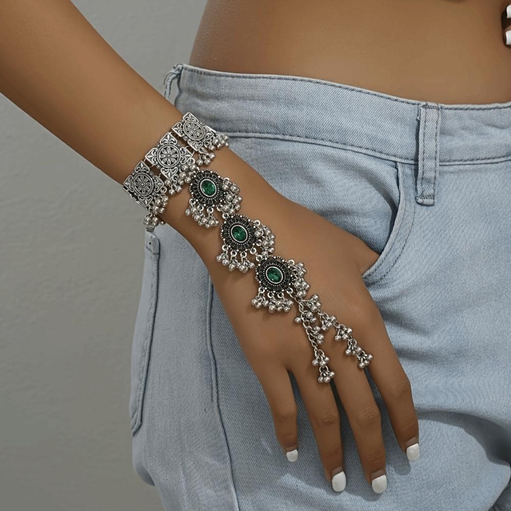 Braccialetto da Dito Boemo Stile Indiano Turchese Minimalista Anello Bracciale Argento Pendente Nappa Vintage Eccessivo Catena da Mano