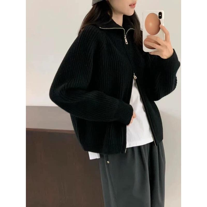 Retro zipper knitted cardigan women's autumn and winter new loose casual lazy wind lapel sweater jacket