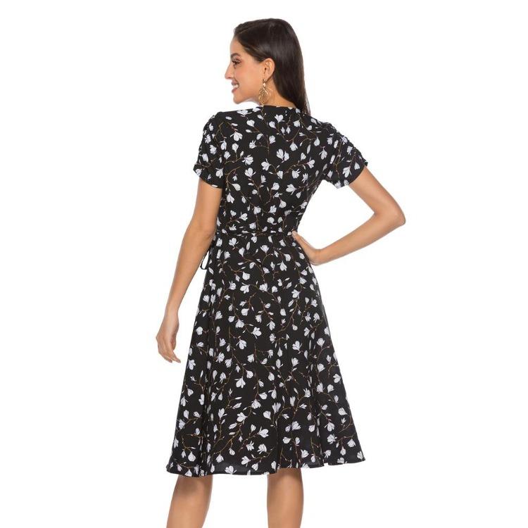 Bohemian Beach Dress Women Chiffon V Neck Short Sleeve High Waist Big Hem Spring Summer Print Sizes S to XXL