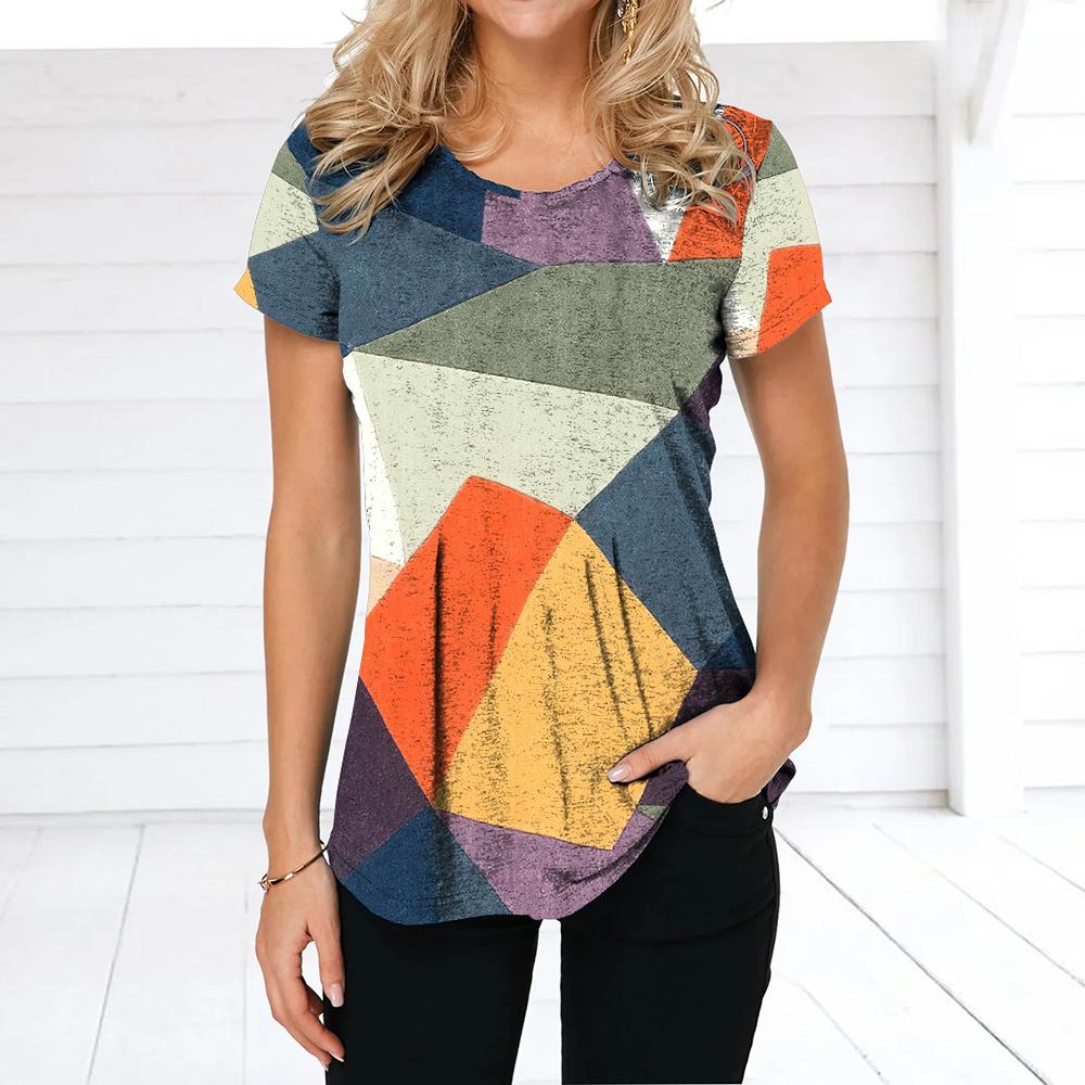 Vintage Damen T-Shirt Sommer Kurzarm Top T-Shirt Bunte Patchwork Kleidung O-Ausschnitt Übergroße Bekleidung Täglich für Damen T-Shirt