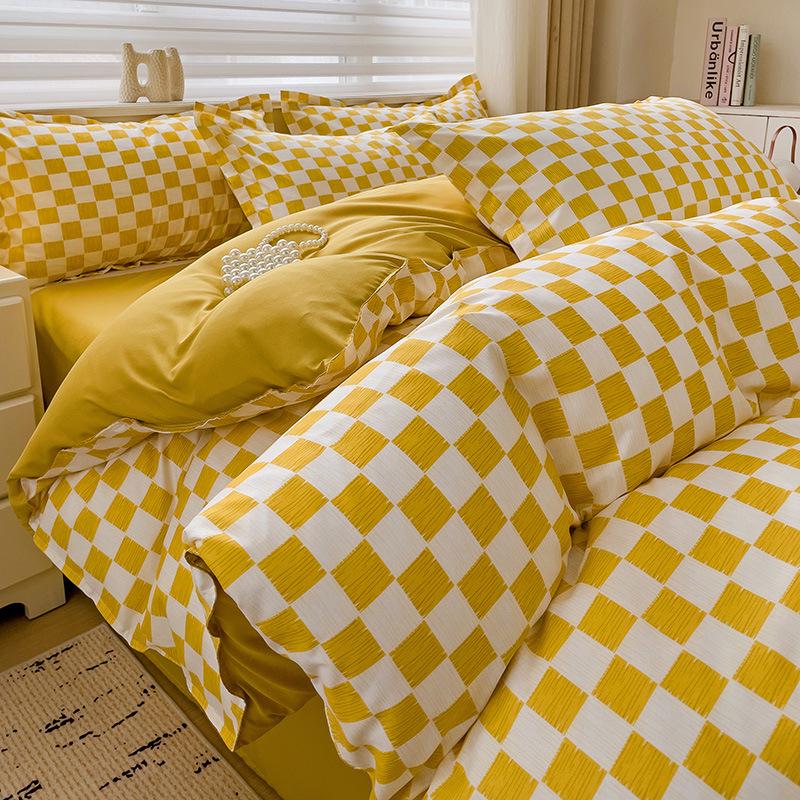 Zweifarbige Aloe-Baumwolle Gebürstetes Karomuster Bettwäsche-Set: Bettdecke, Bettlaken und Kissenbezüge für Wohnheime - MUJI Stil