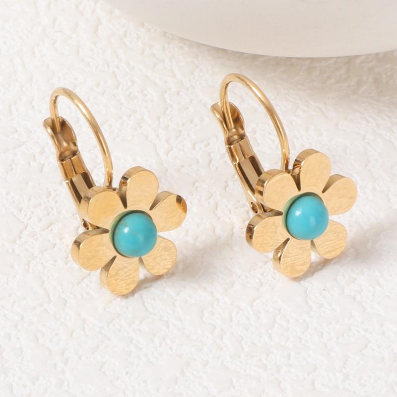 Fashionable Golden Flower Stainless Steel Earrings for Women Turquoise Natural Stone Earrings for Summer High-end Earrings