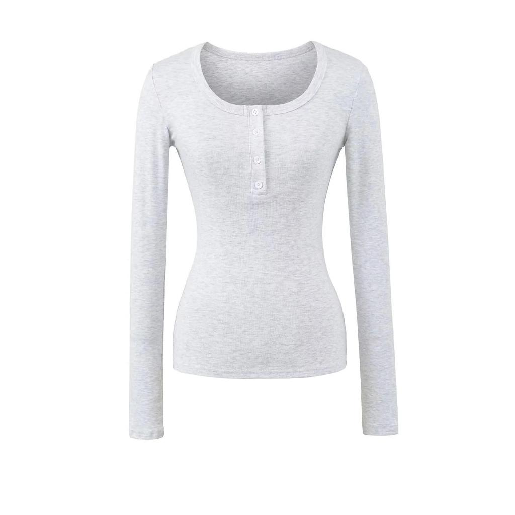 T-shirt da donna a maniche lunghe, vestibilità aderente, con colletto Henley, dolce e piccante