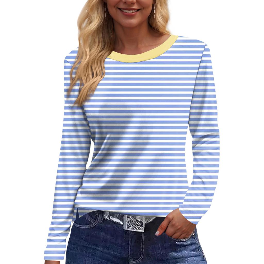 Women's Fashion Hem Slit Casual Striped Printed Round Neck Long Sleeve Top