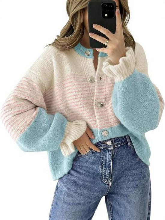 2026 European and American Color Block Striped Knit Cardigan for Women - Loose, Lazy Style Sweater Coat for Autumn/Winter