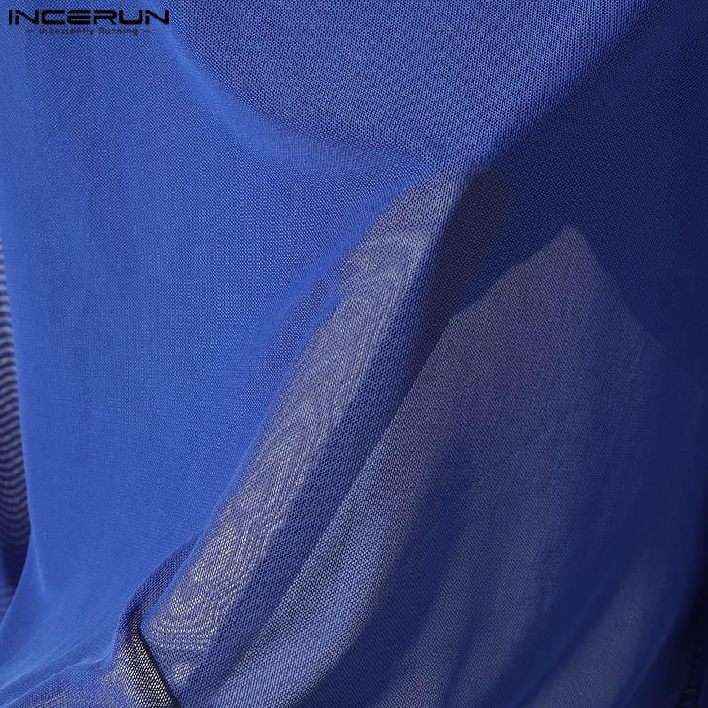 INCERUN Men Ruffled High Neck Patchwork Front Cross Fitted Tops Mesh Sheer Irregular T-shirts