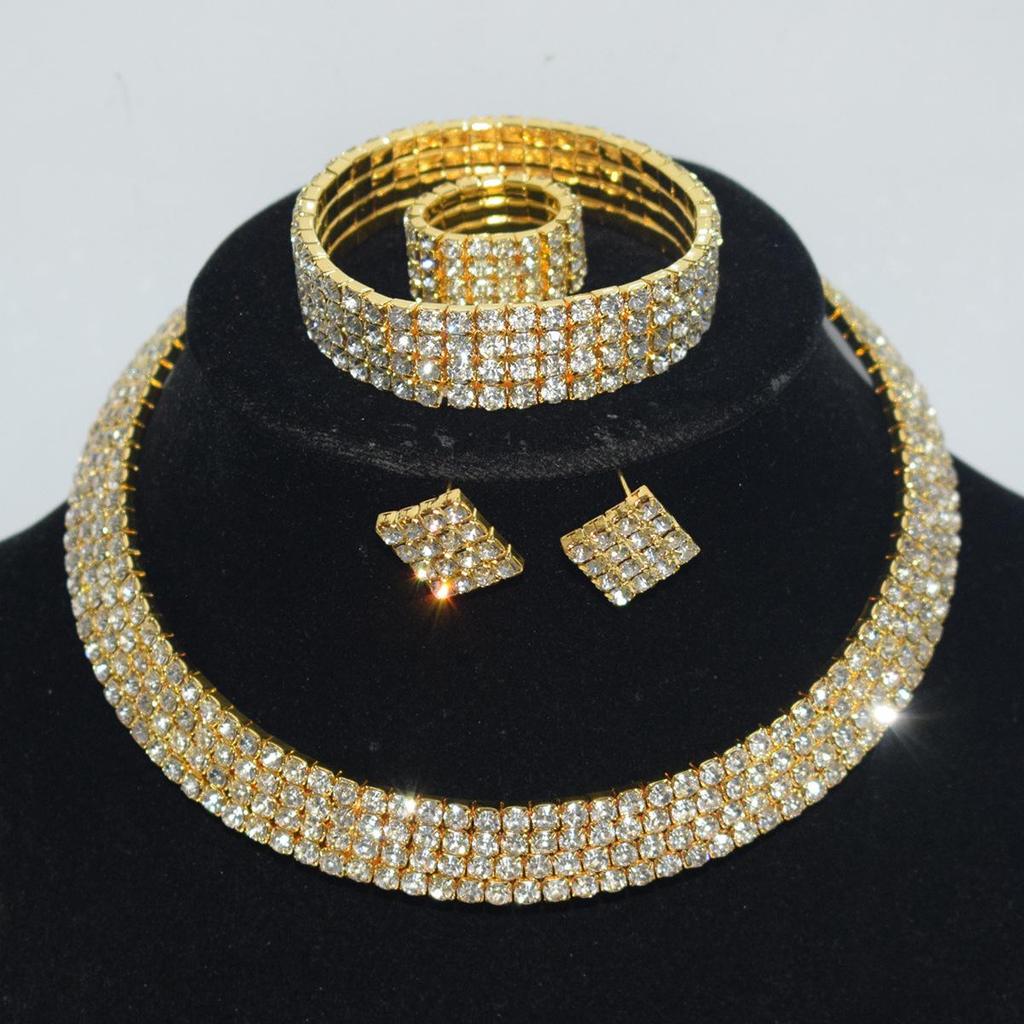 Gold & Silver Rhinestone Jewelry Set: Choker, Bracelet, Stud Earrings, & Necklace
