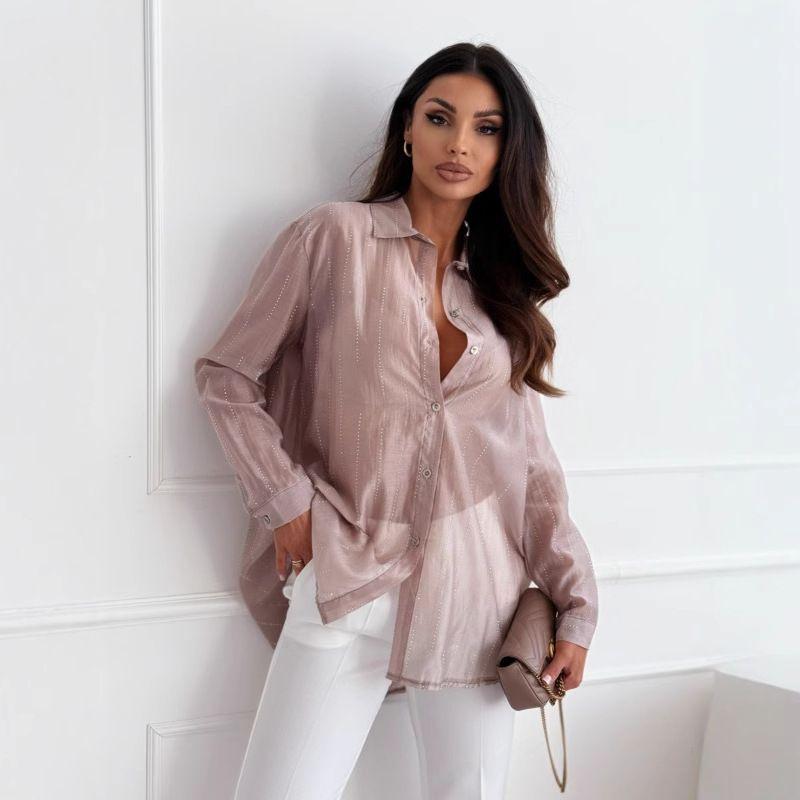 2025 Summer European and American Simple and Stylish Solid Hot Drilling Long Sleeve Shirt Shirts Women Long Sleeve Shirt