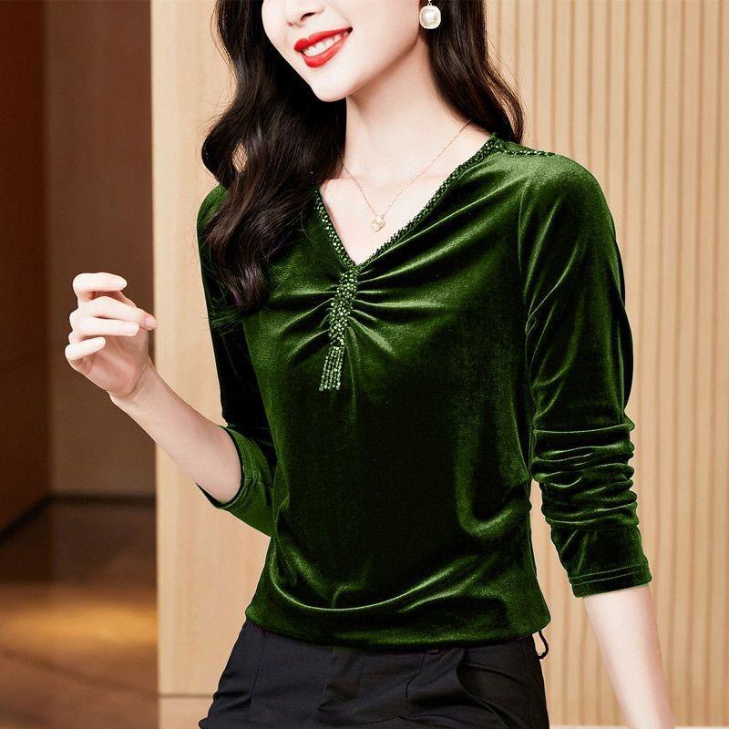 Velvet V-neck Spring and Autumn New Long-sleeved Tops Fashionable Tops for Women
