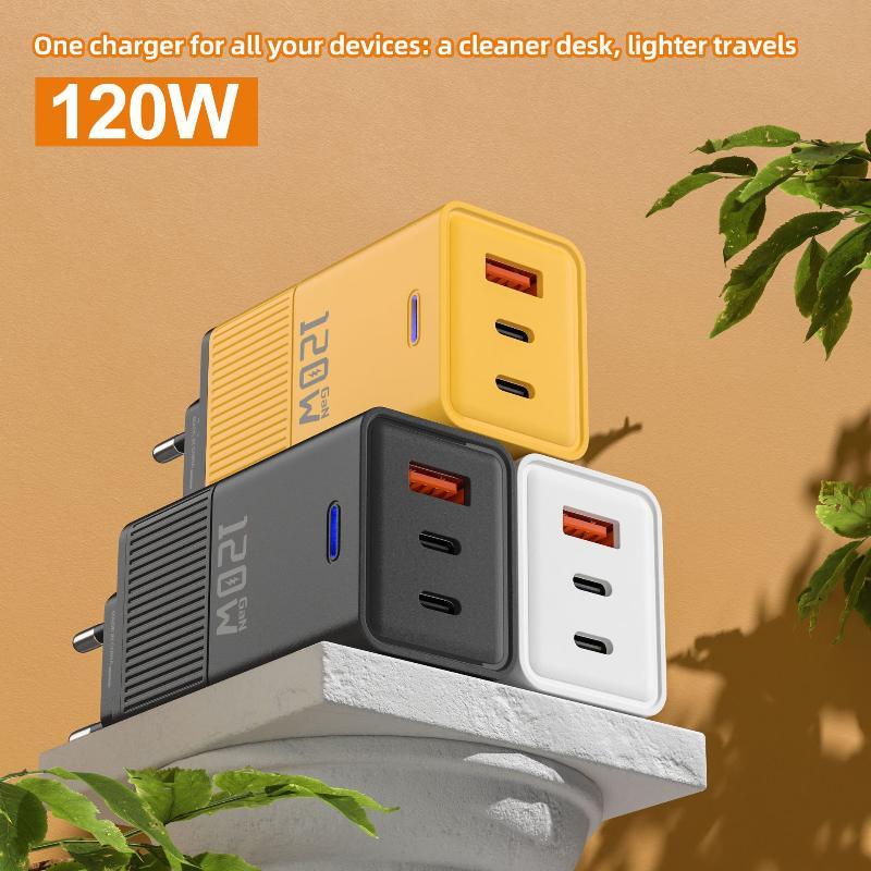 120W GaN Wall Charger Fast Charging Multi Port 2 PD 1 USB Adapter Portable for Travel Home Office Use