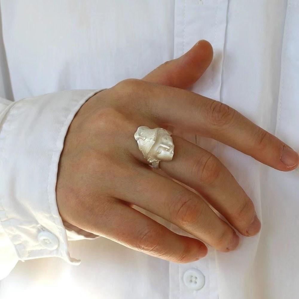 Adjustable Mystical Masked Face Ring Metal Silver Color Goth Style Ring Open Rings  Evening Dinner