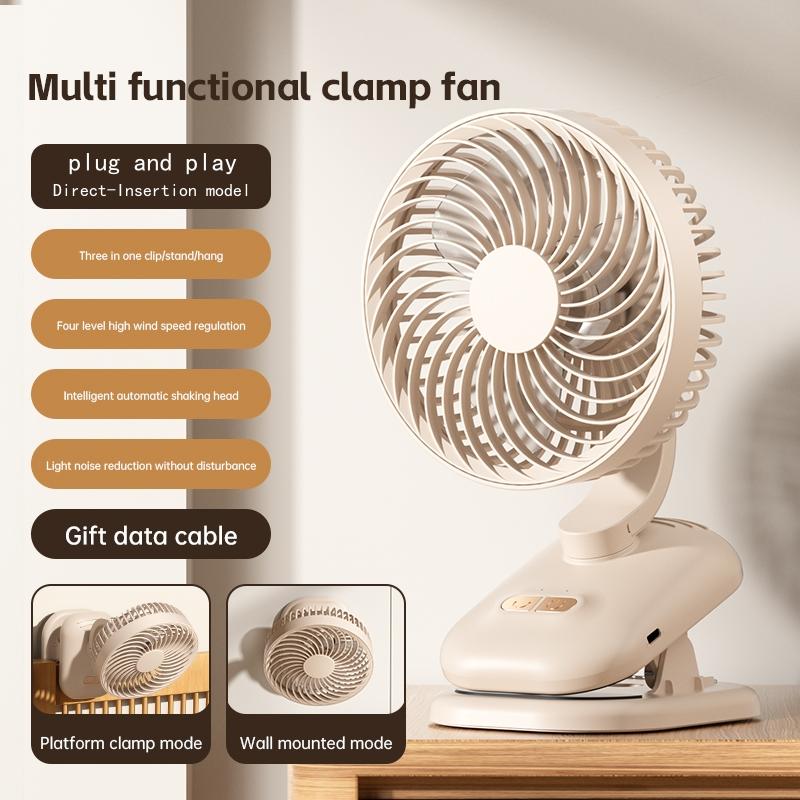 Multi functional portable clip fan, high wind power USB charging adjustable oscillating circulating fan, office desktop fan.