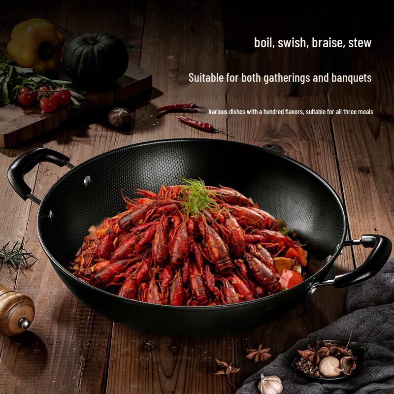 maxcook 34cm Uncoated Nitrided Fine Iron Wok with Lid