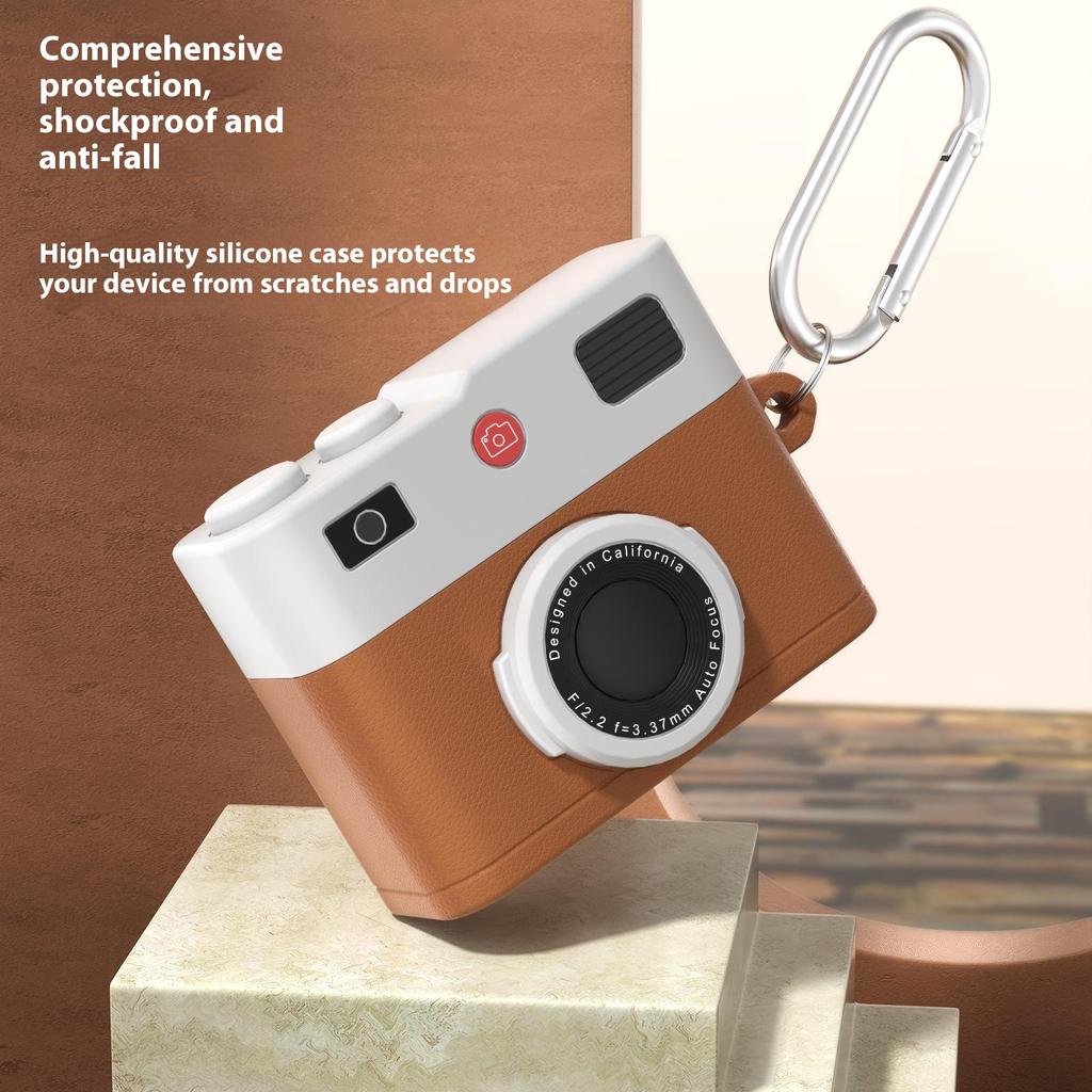 For Apple AirPods Pro 2/AirPods Pro Case Retro Camera Design Liquid Silicone Earbuds Carrying Cover with Carabiner