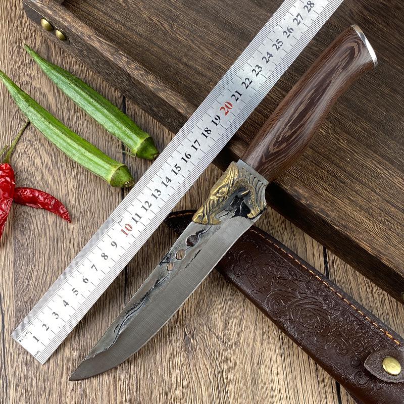 Forged Outdoor Stainless Steel Camping and Steak Knife with Leather Sheath