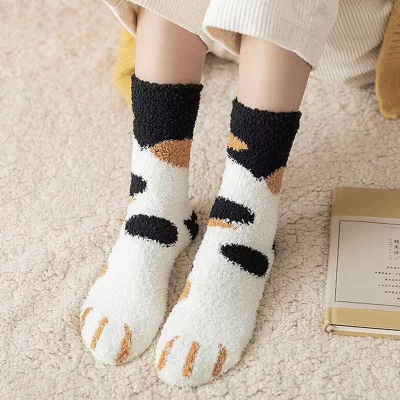 1 Pair Autumn Winter Coral Velvet Socks Cute Cat Claw Socks For Women Girls Middle Tube Thickened Sleep Socks Home Floor Socks