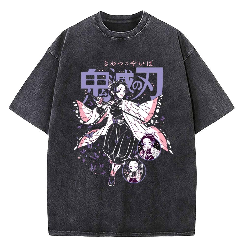 Herren Japanischer Anime Dämonentöter Print Gewaschene Baumwolle Herren T-Shirt - Fantasy Mädchen Manga Stil Lässiges T-Shirt