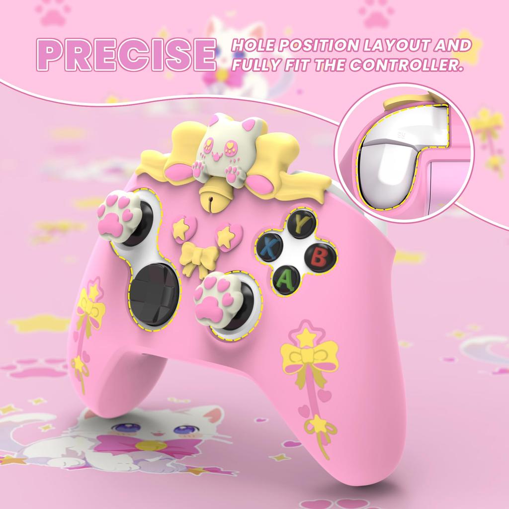 PlayVital Sweetheart Kitty Silicone Cover for Xbox Series Includes Thumb Grips and Cute Grip Cover X/S Controllers, Stickers, Design, Non-Slip [Pink]
