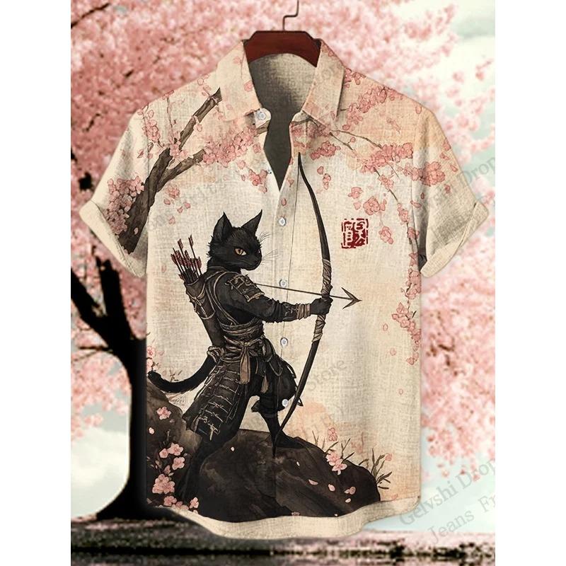 Men's Shirts Warrior Samurai Cat Print Hawaii Beach Shirt For Men 3d Print Hawaiian Shirt Women Fashion Short Sleeve