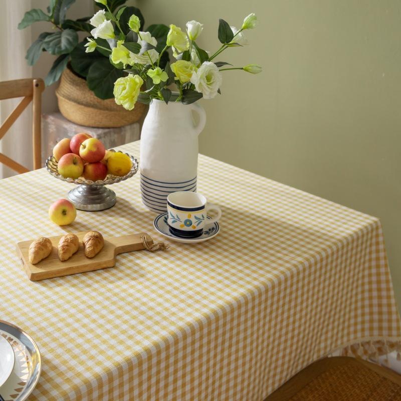 Linen Cotton Check Fringe Tablecloth Simple Rectangular Dining Table Cover