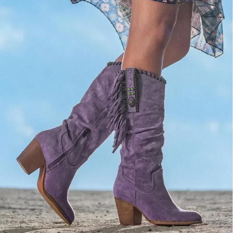 Fashion Women  High Boots Trend Retro Metal Buckle Pointed Toe Thick Heel Tassle Western Cowboy Boots Female Shoes Botas De Mujer 2024