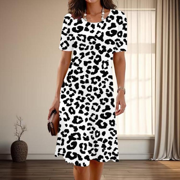 Graceful Leopard Print Casual Dress Women Summer Spring Short Sleeve O Neck Fashion