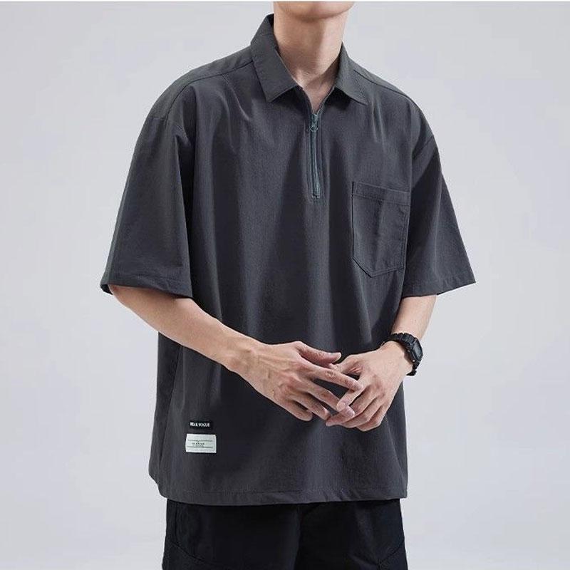 Casual Short Sleeve Polo Shirts Summer Fashion Zipper Men's Clothing Polo-Neck Basic Solid Color Loose Patch Designs T-shirts