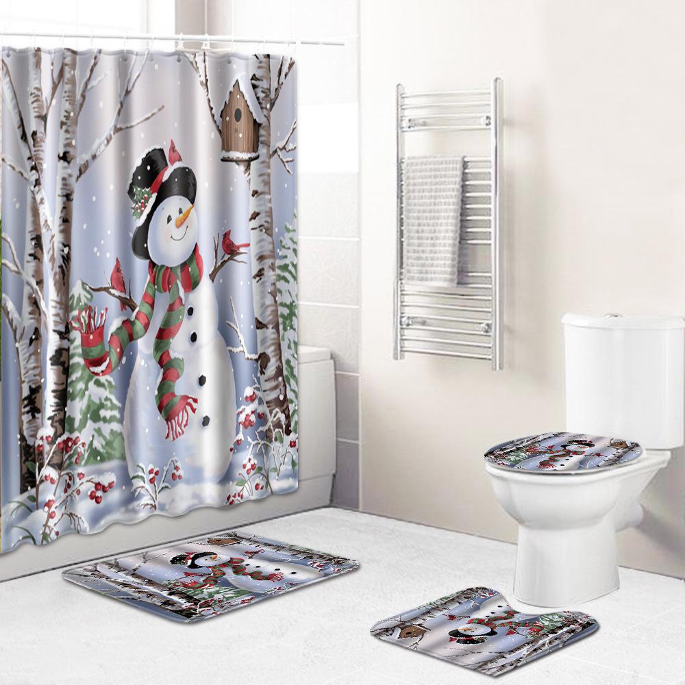 Christmas Toilet Seat Shower Curtain Four-Piece Printed Floor Mat Set Bathroom Floor Mat Bedroom Absorbent Door Mat Carpet