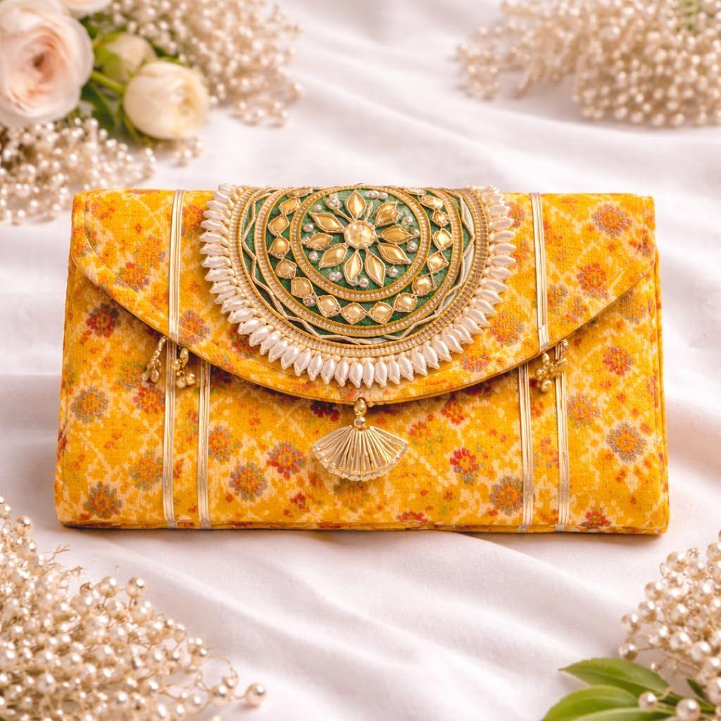 Women Ethnic Embroidered Clutch Bag with Golden Handwork & Tassel | Traditional Wedding Party & Festive Shagun Purse