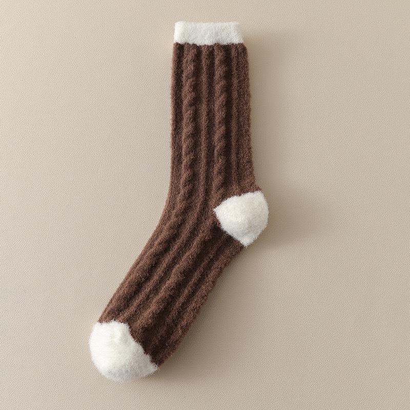 Plush socks women's autumn and winter Maillard color warm plush thickened plush striped medium tube socks home sleeping socks