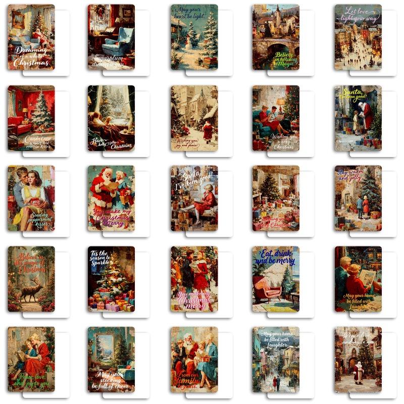 50-PCS Vintage Style Illustrated Christmas Cards with Typography Design, Creative Art Greeting Cards for Holiday Wishes