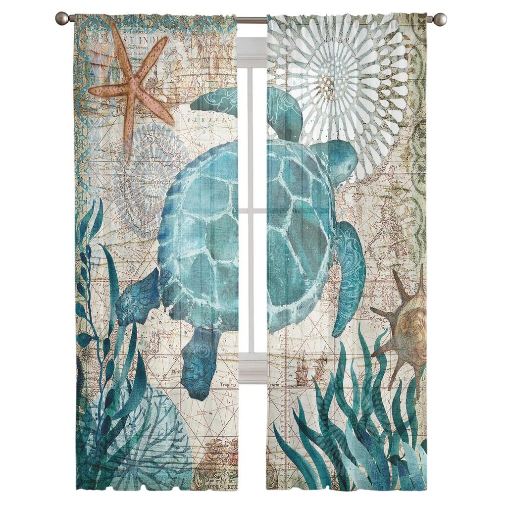 Sea Turtle Ocean Creature Landscape Voile Curtains Living Room Bedroom Transparent Tulle Window Drapes Curtain With Sheer Polyester Perfect For Area