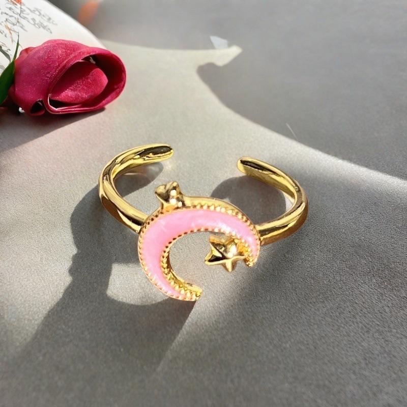 Princess Pink Flower Gold Enamel Dripping Oil Opening Ring Female Butterfly Premium Sweet Cool Ring