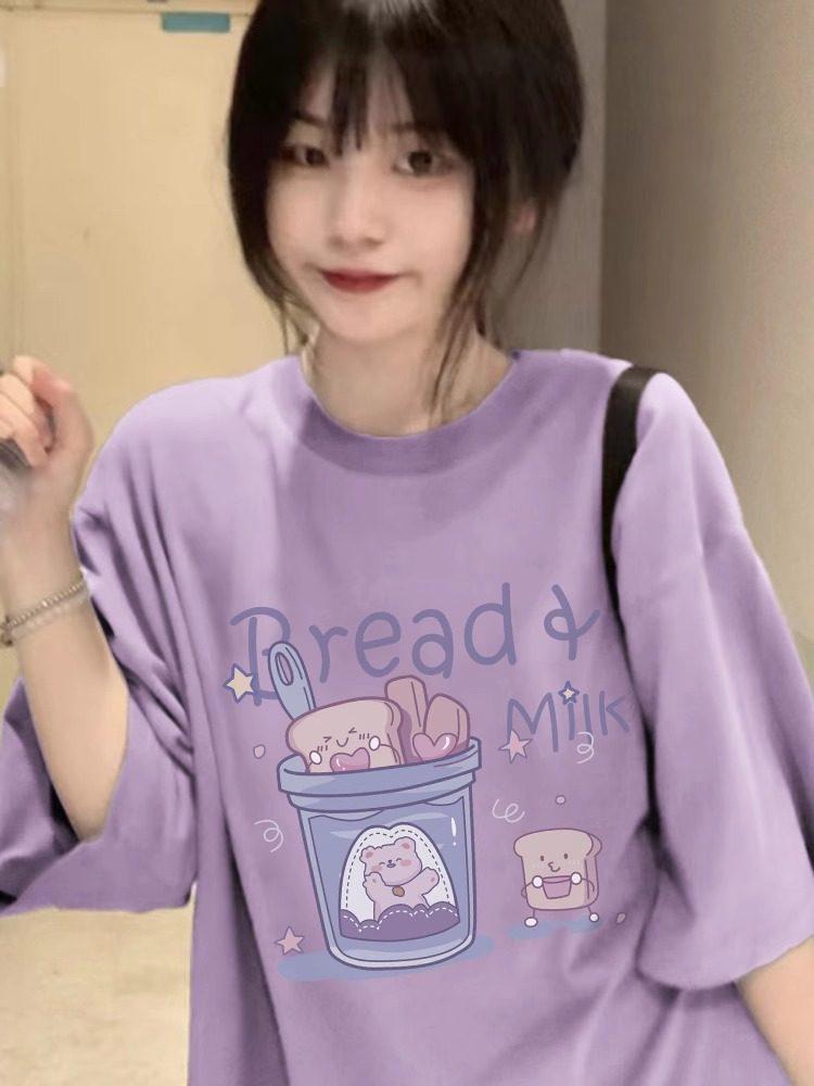 Japanese Cute Plus Size Purple Printed Cotton T-Shirt for Women - Loose, Short Sleeve, Summer Style