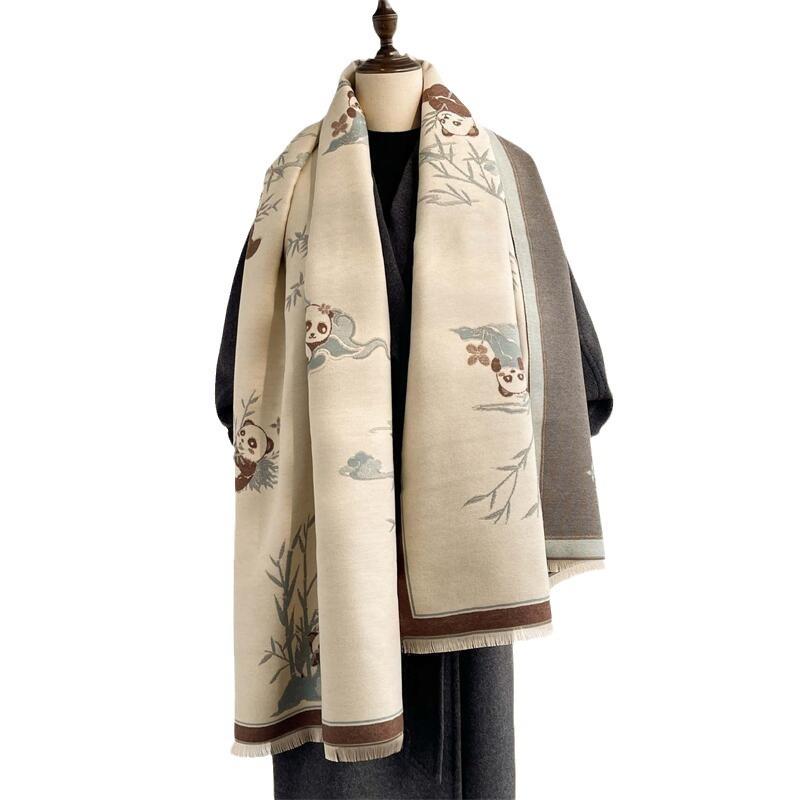 New panda fashion scarf winter thick shawl with women's imitation cashmere jacquard fringed warm scarf