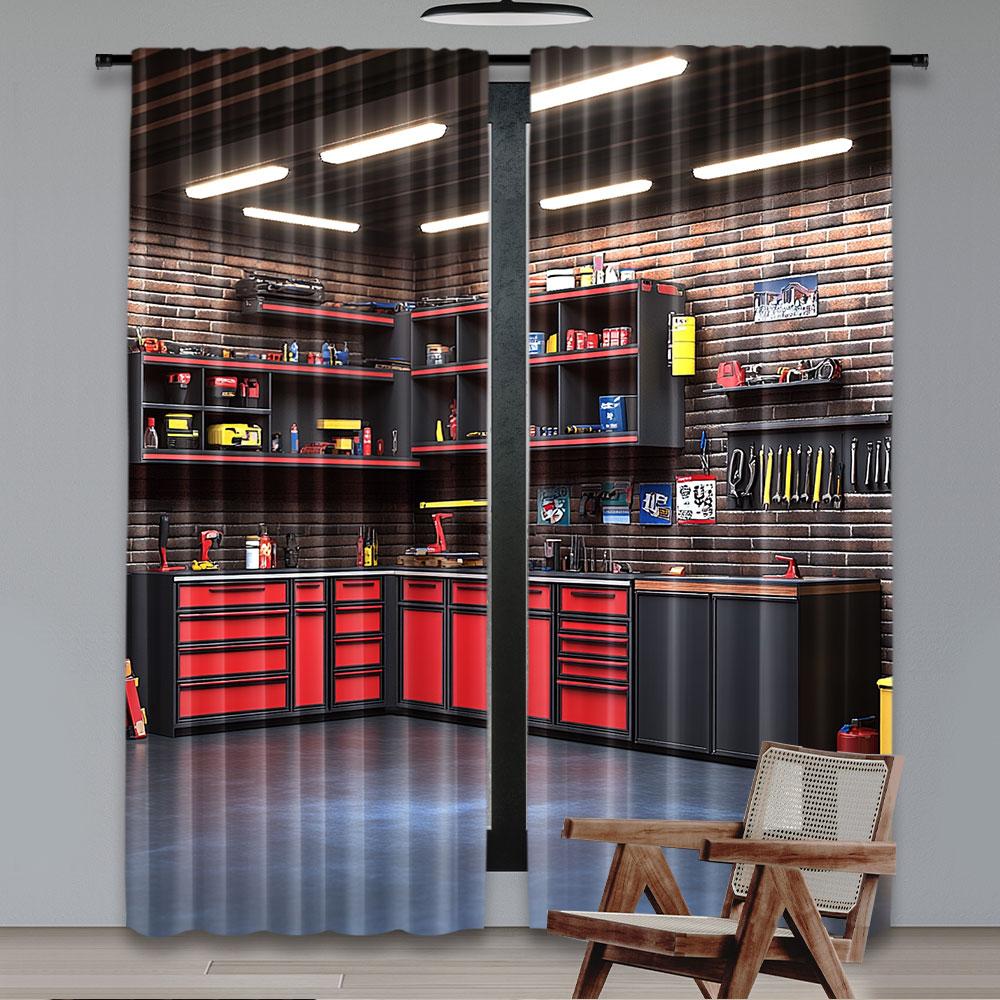 2 Stück Moderne Garagenvorhang Innenraum Reparaturwerkzeuge Werkzeugkasten Werkzeuge Regal Vorhang für Mechaniker Thema Party Dekorationen