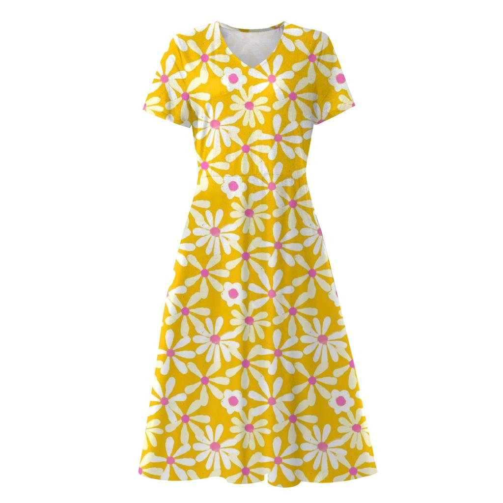 Damen Sommer Casual Fashion Blumendruck Kurzarm V-Ausschnitt Swing Kleid