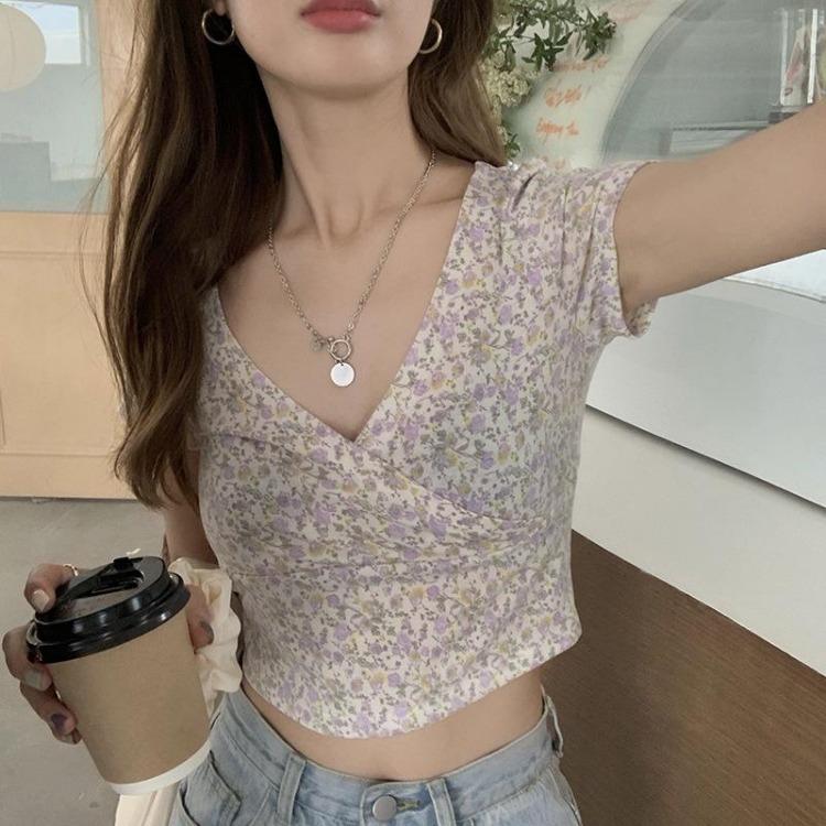 Y2k Style Summer Retro Floral V-neck Crop Top Slimming Wild High Waist Streetwear Tshirt Short Sleeve Women's T-shirt